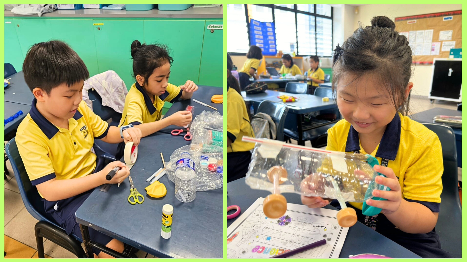 Three children in yellow uniforms build craft projects using plastic bottles, tape, and scissors at classroom desks.